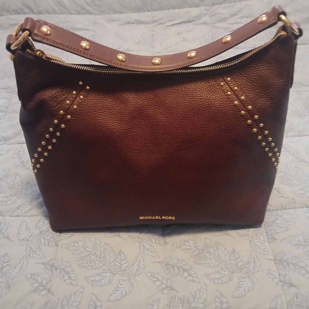 Michael Kors Damson/Blackish Purple/Plum Leather Shoulder Bag/Gold Accents